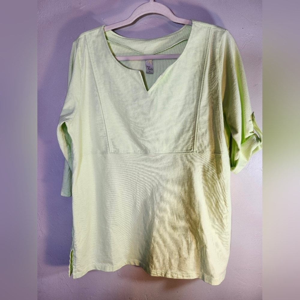 Sun Moda 100% Cotton Light Green V-Neck Top Sz L